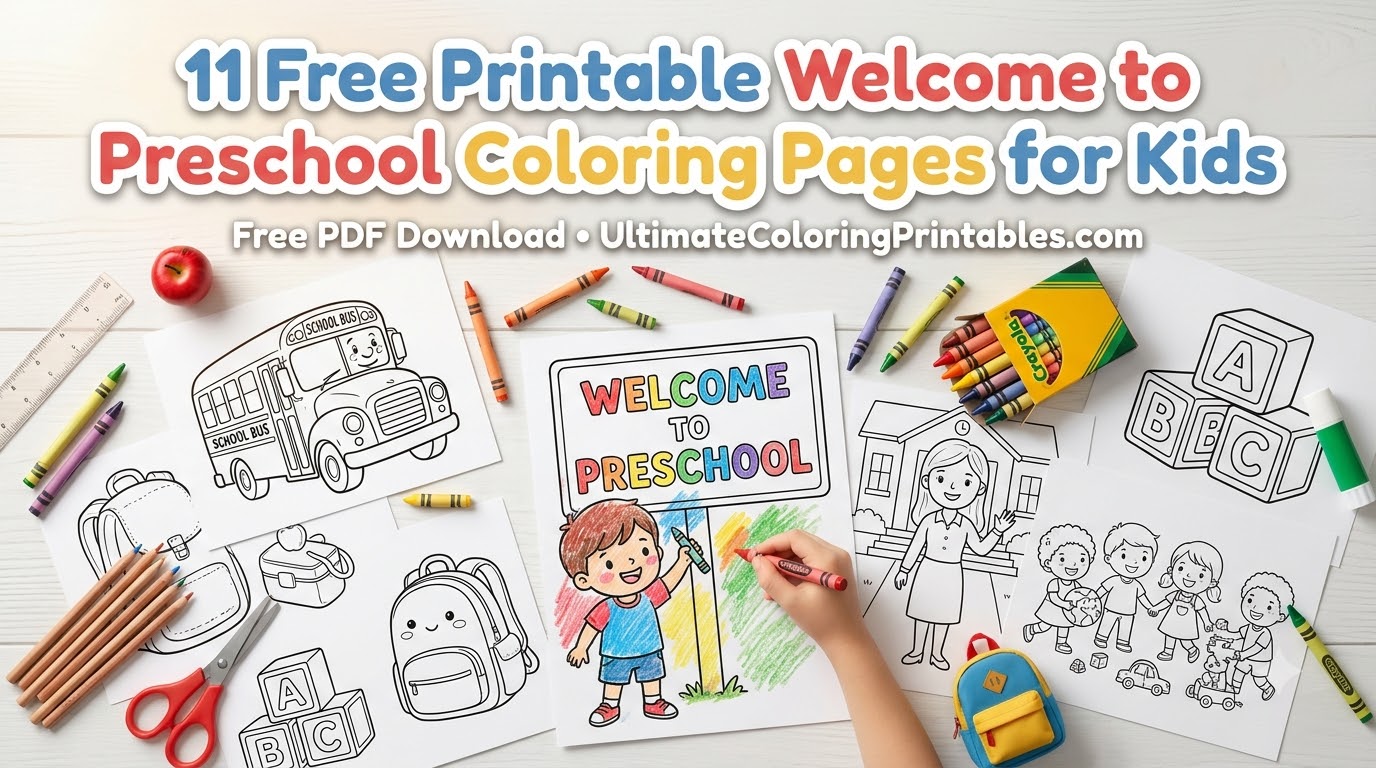 11 free printable Welcome to Preschool coloring pages with school-themed coloring sheets, crayons, and preschool supplies.